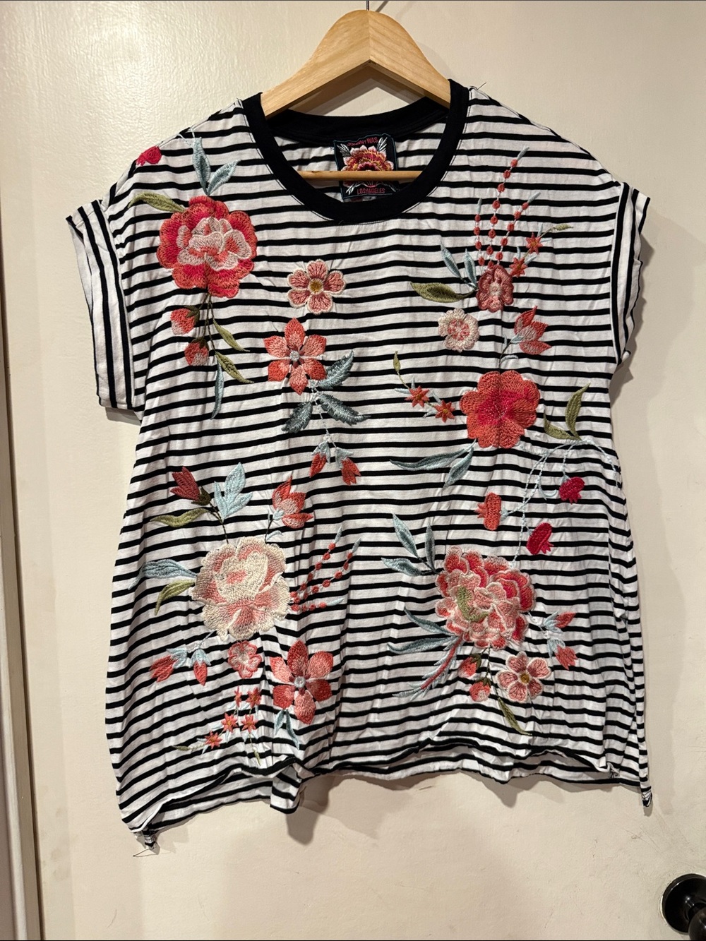 Johnny Was Black & White Striped Tee with Multicolor Floral embroidery: Small
